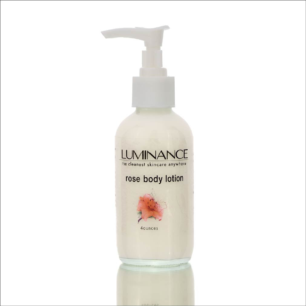 Organic Luminance Rose body lotion bottle on a white background. 