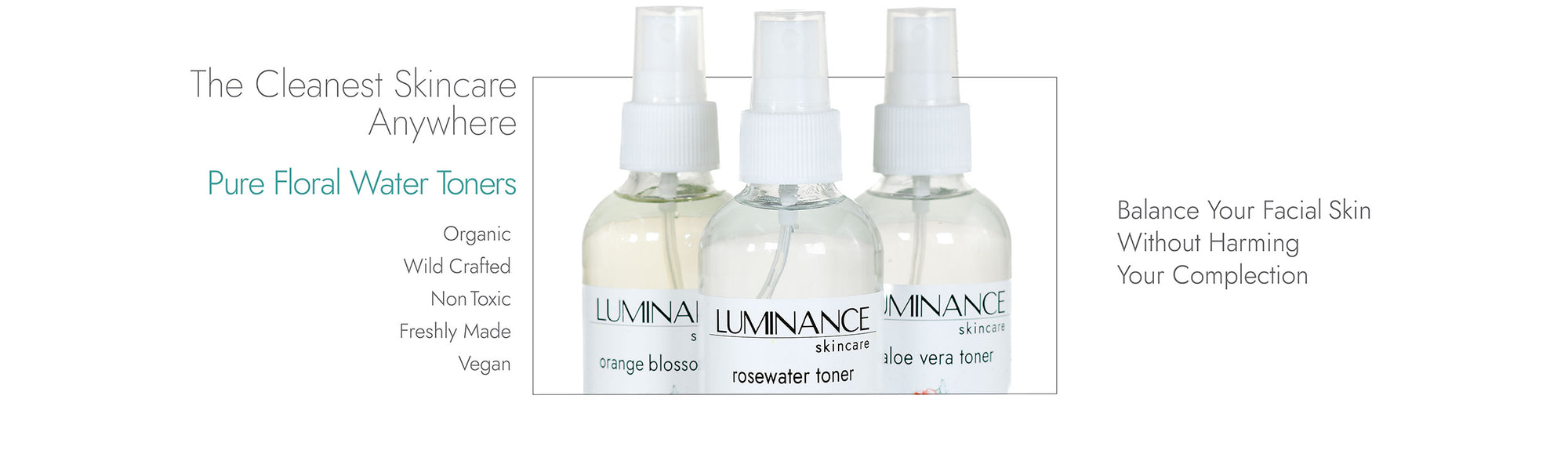 Luminance Skincare Floral Water Toner Collection Image. 100% Plant Based Skincare. Organic. Clean. Non-Synthetic